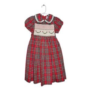 Luli & Me Red Green Smocked Plaid Embroidered Toddlers Short Sleeve Dress Size 5
